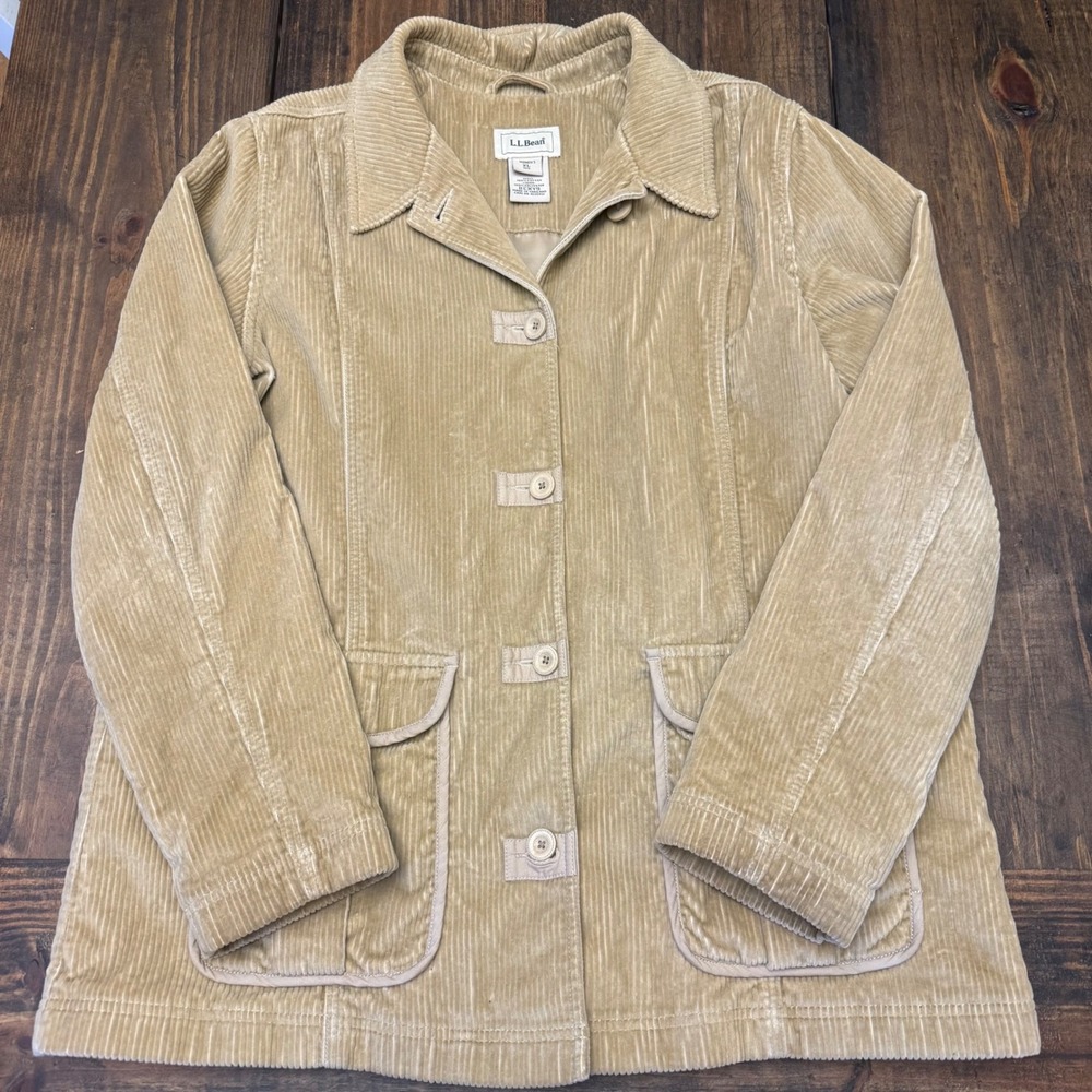 LL Bean Womens Corduroy chore coat, Beige Button Front Lined Thinsulate XL‎